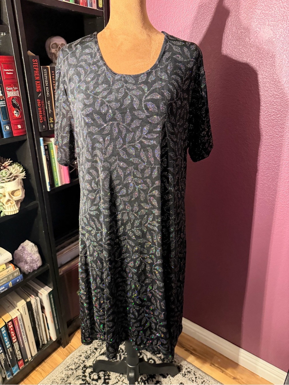 Vtg Impressions 1x Black Glitter Leaf Shift Dress